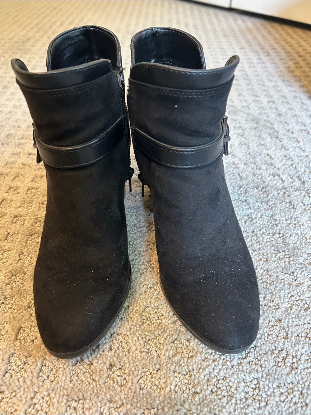 Kelly & Katie Black Suede Ankle Booties with Strap Accent
